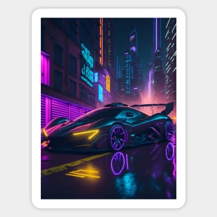 Dark Neon Sports Car in Japanese Neon City Sticker